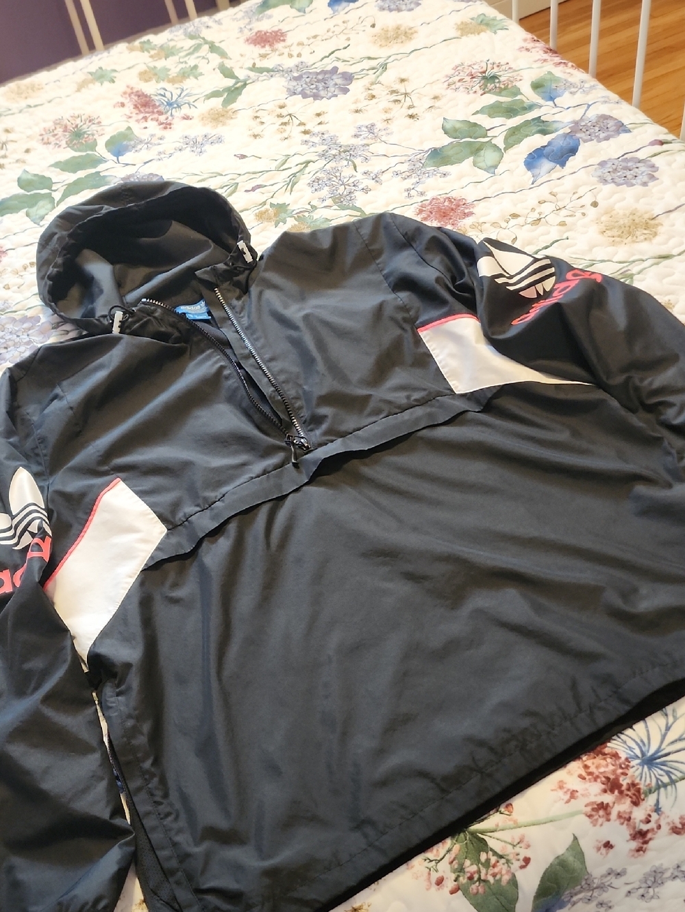 adidas Black Hooded Pullover with White Panels and Pink Accents